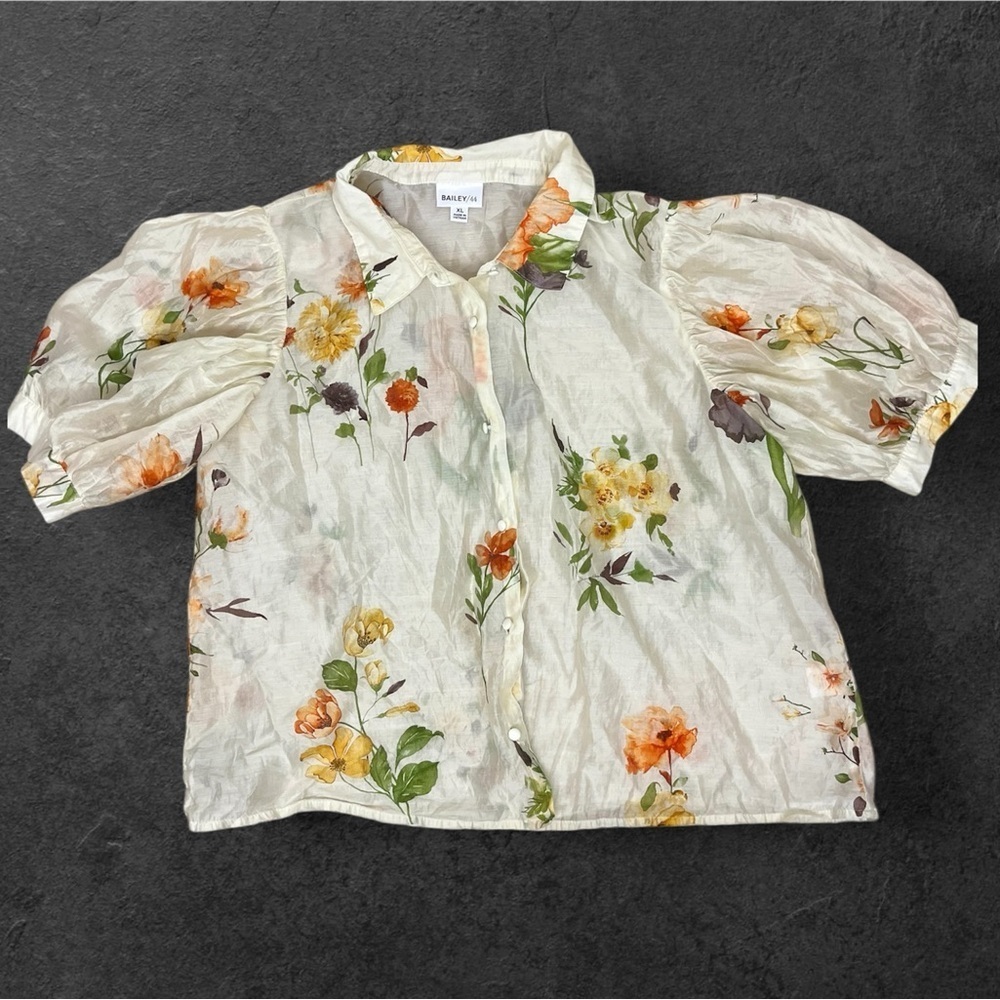 Bailey 44 Sheer Floral Puff Sleeve Blouse Top Womens XL Multicolor Feminine